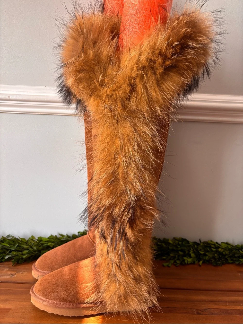 Real Fur Trim Suede Knee-High Boots - chestnut. Size 8